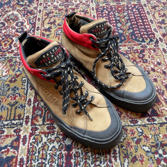 VTG 00s Ralph Lauren Polo Sport Brown Leather Red Hiking Boots RLZ7171 Size 9